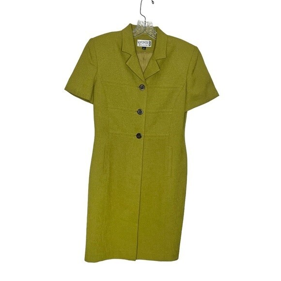 KASPER ASL Chartreuse Green Dress Short Sleeve Button Up Lined Size 6P Vintage - Picture 4 of 11